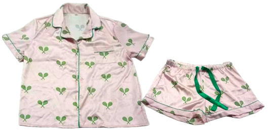 Tennis Dreams Satin Pajama Set | Pink & Kelly Green