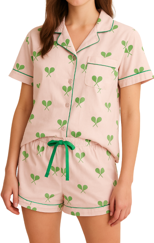 Tennis Dreams Satin Pajama Set | Pink & Kelly Green