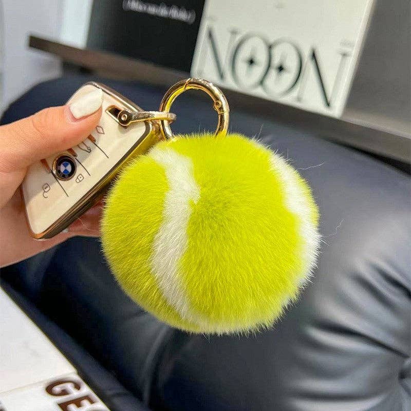 Yellow Rabbit Fur Tennis Ball Keychain